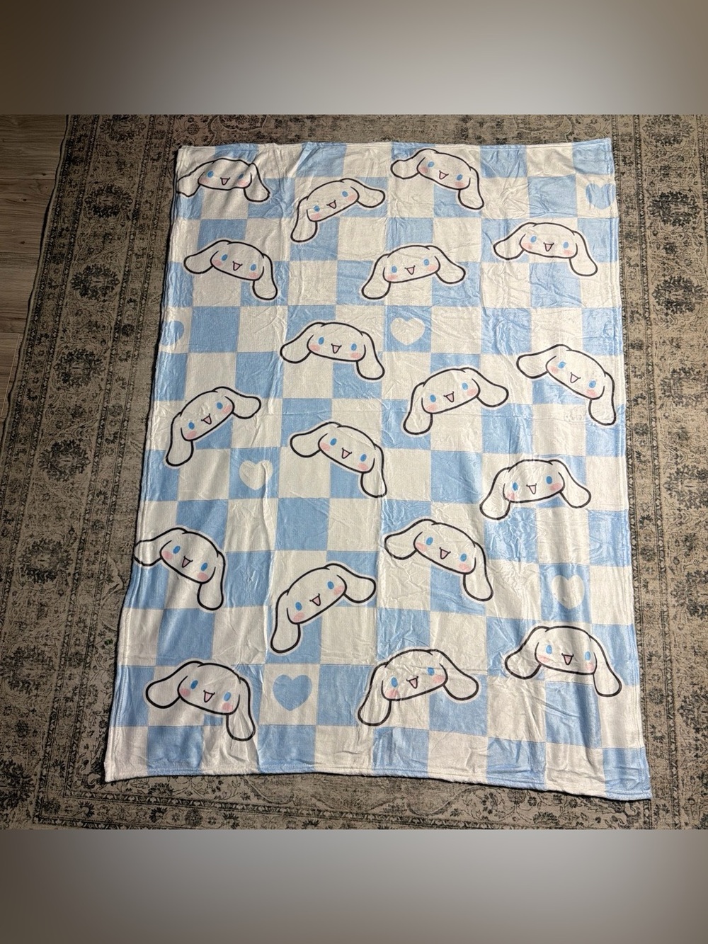 Blue & White Check Plush Kids Throw Blanket with Cute Character
